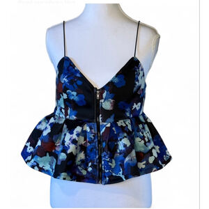 Silence + Noise Blue Floral Peplum Top Zip Front Spaghetti Strap Medium